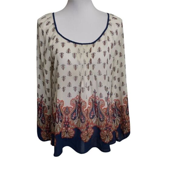 BLU PEPPER CREAM, NAVY, & ORANGE SHEER BLOUSE SZ.L GUC - Picture 1 of 6